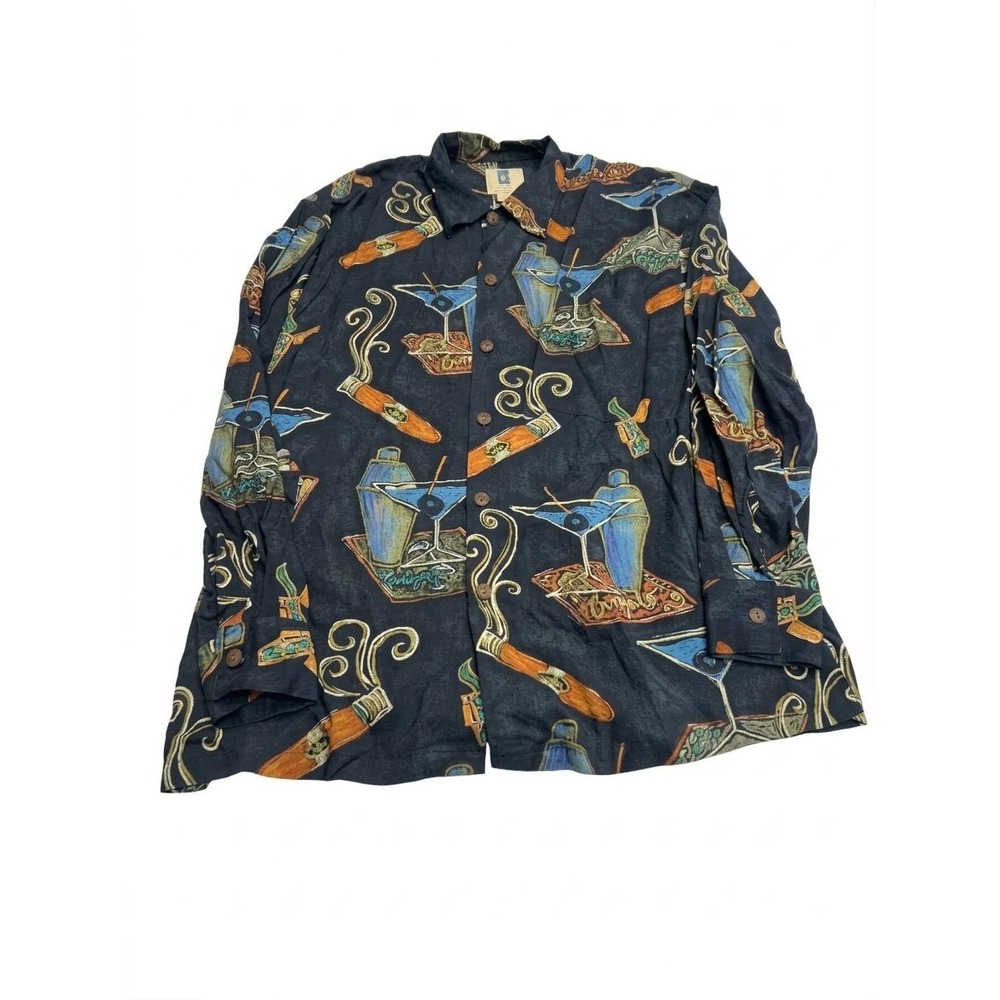 Kahala Button Down Shirt Mens L Rayon Cigar Martini Long Sleeve
